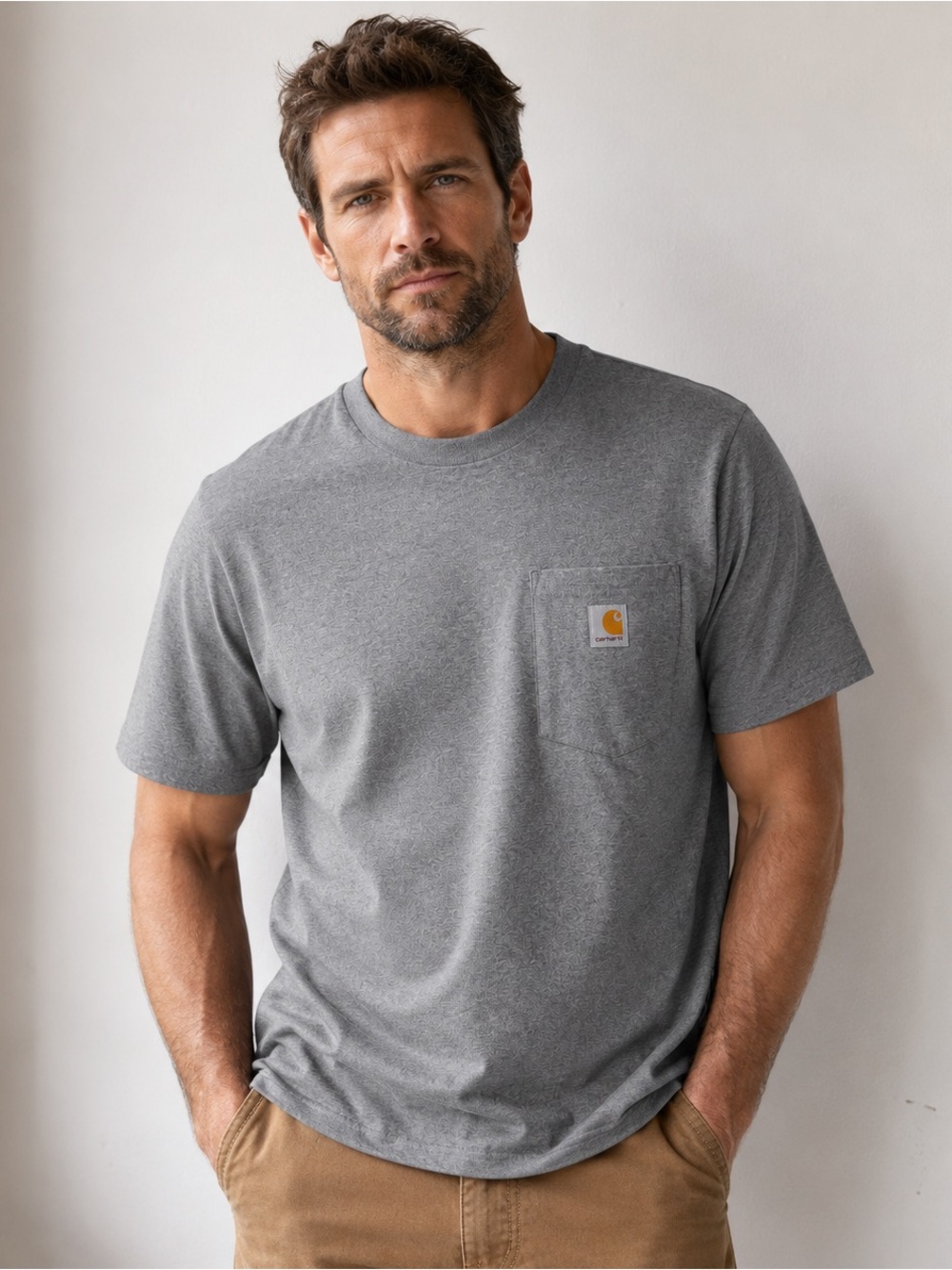 Carhartt Men’s Medium Loose Fit Pocket T-Shirt | Grey Crew Neck Tee | Logo Patch
